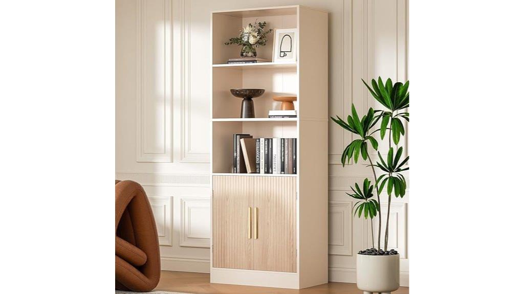 tall oak bookshelf with doors