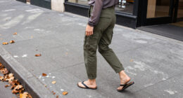 Jennifer Lawrence Brings Flip Flops Into Fall With Cargo Pants And A Semi-Sheer Cardigan