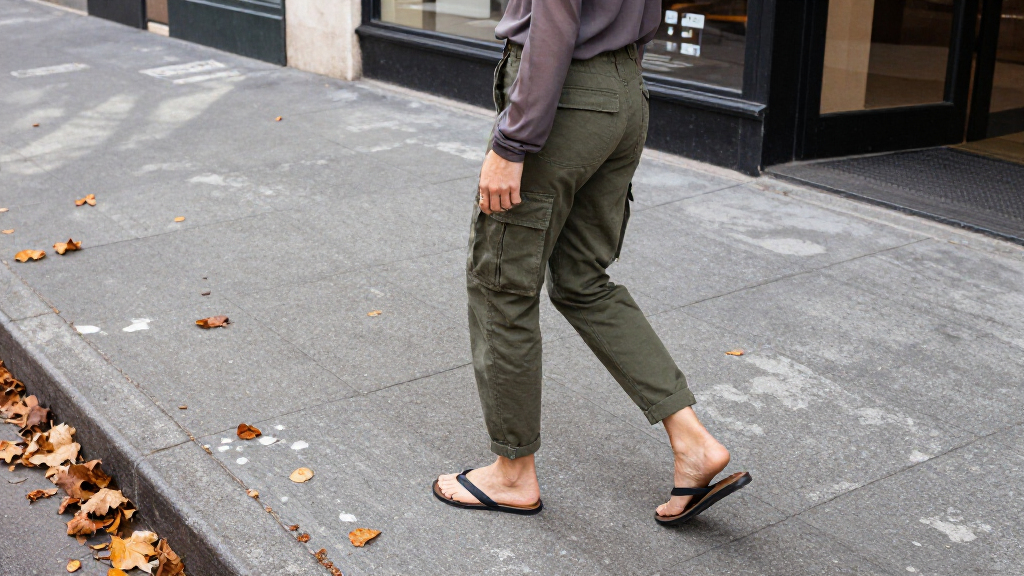 Jennifer Lawrence Brings Flip Flops Into Fall With Cargo Pants And A Semi-Sheer Cardigan